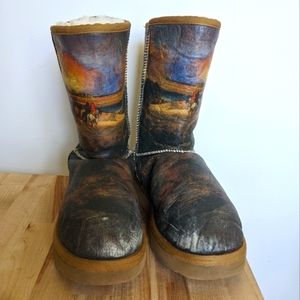 𝅺vintage Icon Printed Leather ugg like Boots Shearling Lined 6.5/7